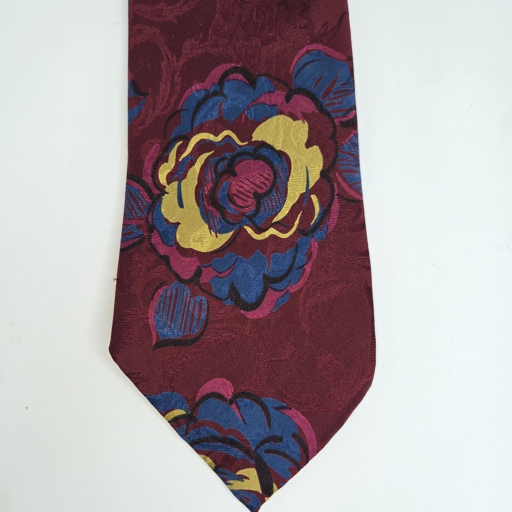 Vintage Lands End Silk Tie Burgundy Blue Gold Floral Art Nouveau 90s 3.5" x 58" - Picture 1 of 6